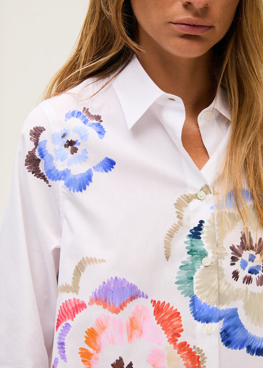 Rosso 35 White Hand-Painted Poplin Cotton Shirt