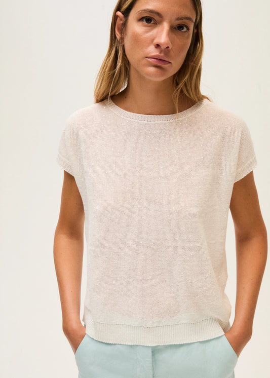 Rosso 35 White Cotton Linen Sweater with Sequins S7519MG