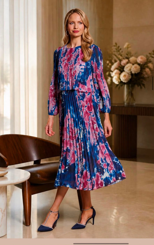 Glitz Pink Blue Pleated Midi Dress – Long Sleeve Occasion Dress