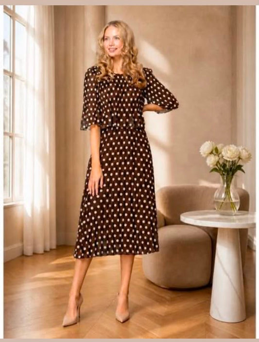 Glitz Brown & Cream Spot Pleated Midi Dress – Short Sleeve Occasion Dress