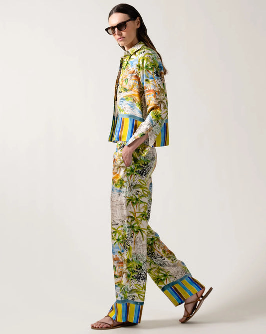 Caliban Scenery Print Boxy Silk Shirt