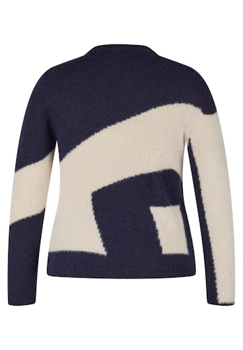 Rabe Soft Knit Blue and Cream Block Colour Crew Neck Jumper 55-223618