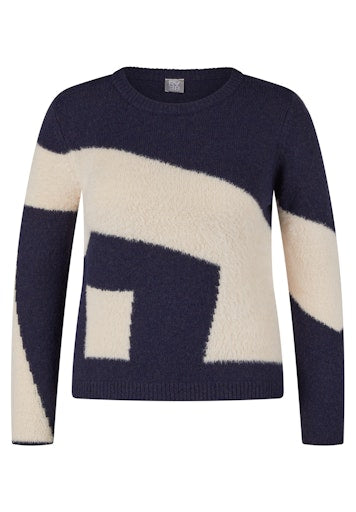 Rabe Soft Knit Blue and Cream Block Colour Crew Neck Jumper 55-223618