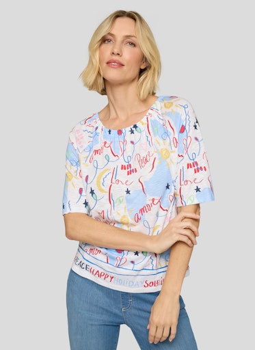 Rabe White Multi Word Print T-Shirt – Short Sleeve, Elasticated Round Neck
