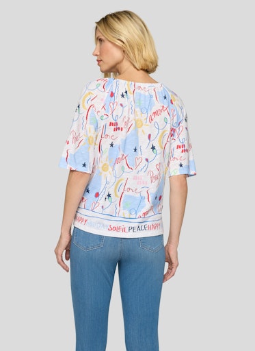 Rabe White Multi Word Print T-Shirt – Short Sleeve, Elasticated Round Neck
