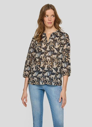Rabe Black Leopard Print Cotton Blouse, Open V-Neck 3/4 Sleeve Top