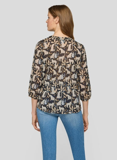 Rabe Black Leopard Print Cotton Blouse, Open V-Neck 3/4 Sleeve Top