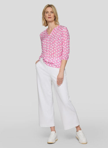 Rabe Pink Circle Print Viscose Top – 3/4 Sleeve Open V-Neck