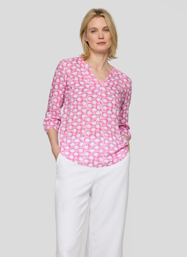 Rabe Pink Circle Print Viscose Top – 3/4 Sleeve Open V-Neck