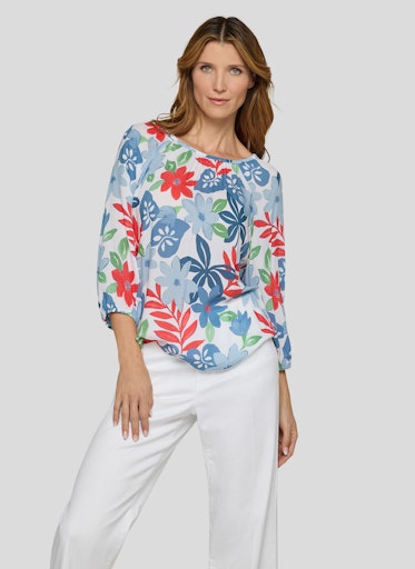 Rabe Azure Floral Leaf Print Top – Elasticated Round Neck, 3/4 Sleeve