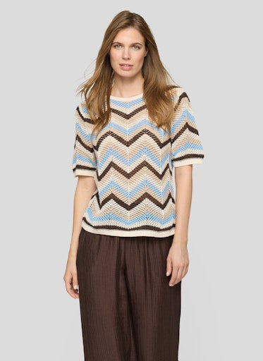 Rabe Ocean Blue Zigzag Open Knit Sweater Lightweight Short Sleeve Knit