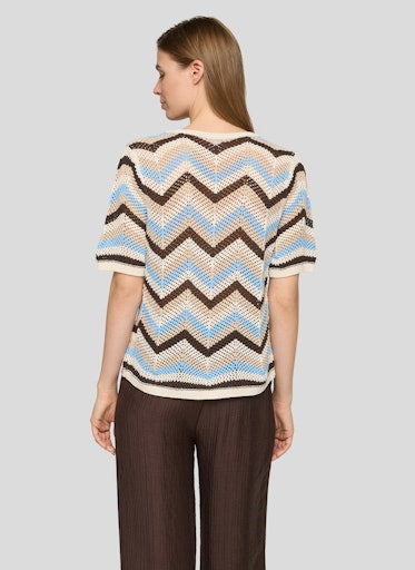 Rabe Ocean Blue Zigzag Open Knit Sweater Lightweight Short Sleeve Knit