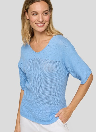 Rabe Ocean Blue V-Neck Cotton Sweater, Short Sleeve Fine Knit with Rhinestone Detail