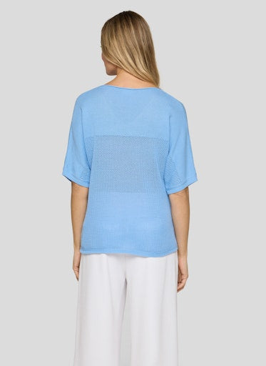 Rabe Ocean Blue V-Neck Cotton Sweater, Short Sleeve Fine Knit with Rhinestone Detail
