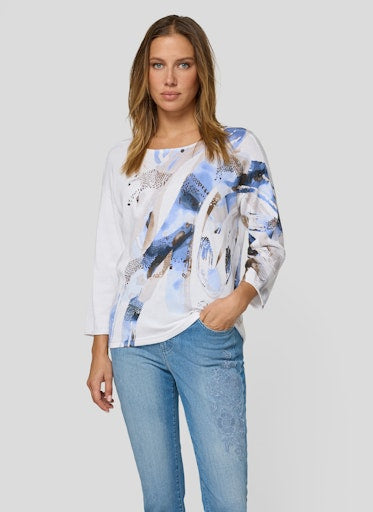 Rabe Ocean Dot Leopard Front Sweater, Round Neck 3/4 Sleeve Knit with White Back