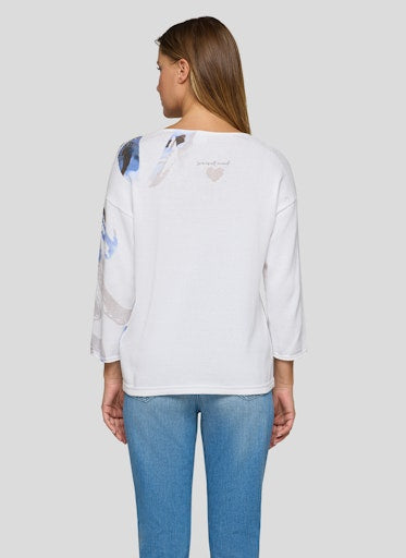 Rabe Ocean Dot Leopard Front Sweater, Round Neck 3/4 Sleeve Knit with White Back
