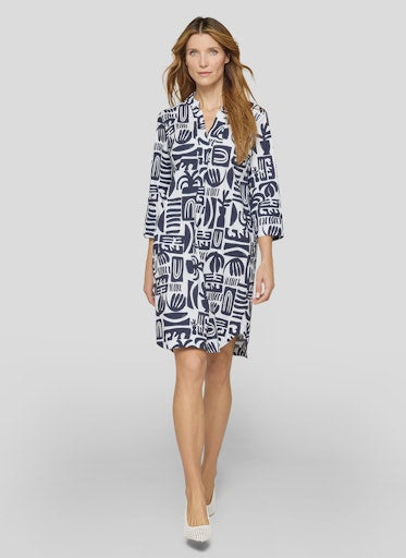 Rabe Bold Blue & White Print Cotton Open V-Neck Tunic Dress