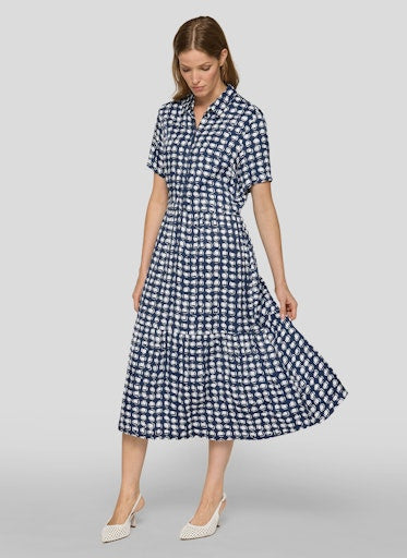 Rabe Blue & White Block Print Midi Shirt Dress with Short Sleeves