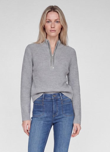 Rabe Silver Grey Ribbed Knit Sweater with High Neck and Rhinestone Quarter Zip