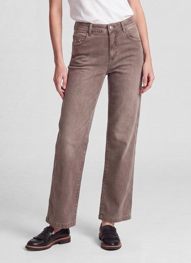 Rabe Brown Straight Leg Jeans – Stretch 5 Pocket with Rhinestone Detail