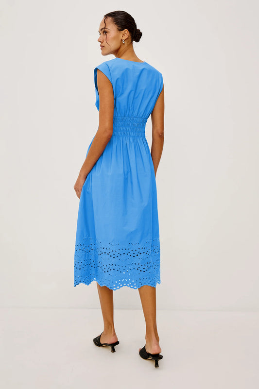 Rails Blue Shirred Shoulder Cotton Midi Dress ROXANNE