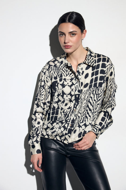 Tinta & Bariloche Black & Cream Print Blouse with Drawstring Hem