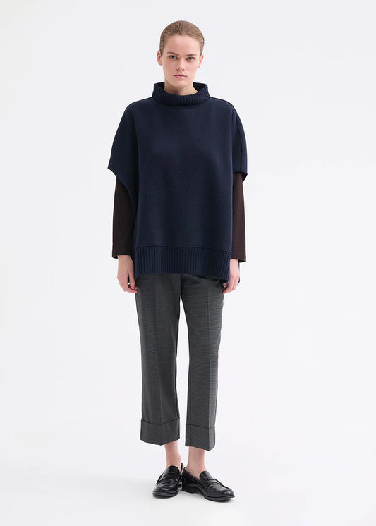 Rosso 35 Navy Felted Wool Cape with Knit Detailing
