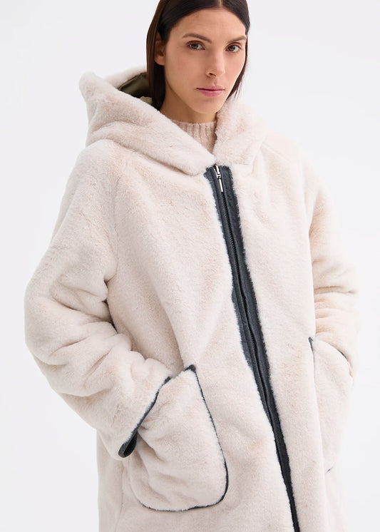 Rosso 35 Khaki Reversible Coat with Faux Fur and Hood
