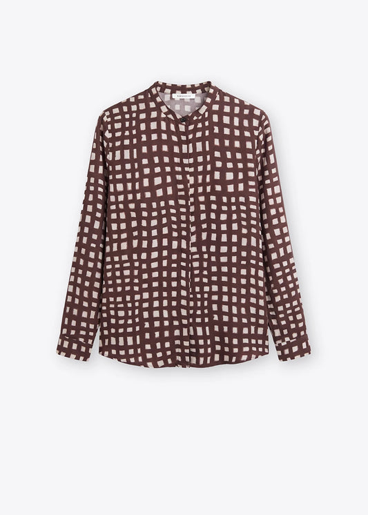 Rosso 35 Brown Long-Sleeve Silk Shirt with a Mandarin Collar