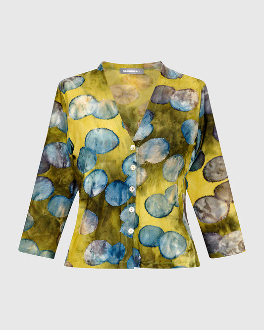 Alembika Green/Blue Viscose‑Blend Cardigan with V‑Neck, 3/4 Sleeves and Circle Detailing SJ7170