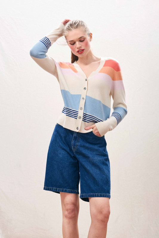 Jumper 1234 Cashmere Deckchair Stripe Cardigan in Oatmeal SPR26-2041