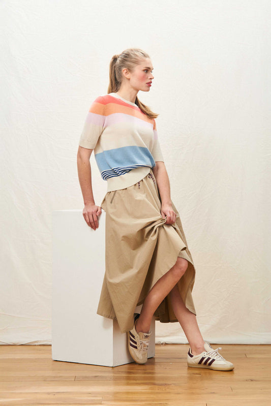 Jumper 1234 Cashmere Deckchair Stripe Short Sleeve Top in Oatmeal SPR26-2042