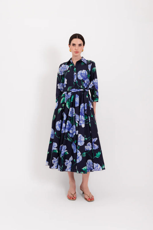 Lavi Couture Blue Floral Long Dress, 3/4 Sleeve Shirt Collar, Sash Bow Detail SPRITZ