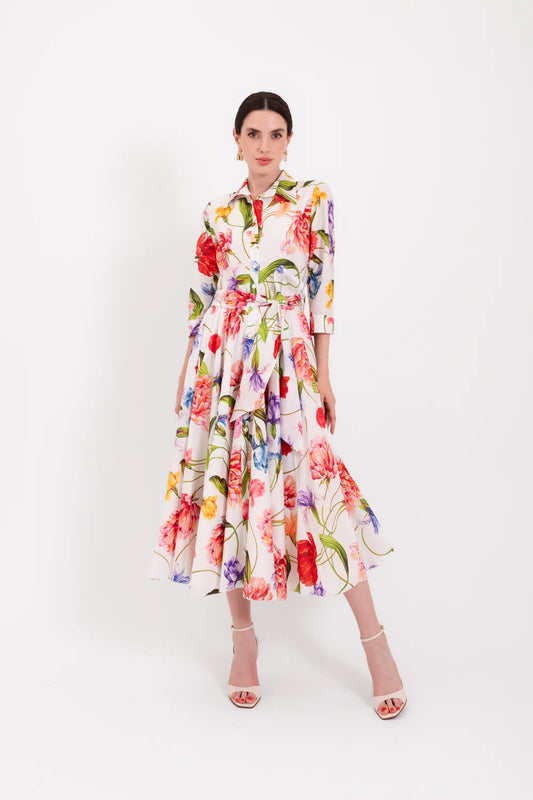 Lavi Couture Cream Floral Long Dress, 3/4 Sleeve Shirt Collar, Front Button, Sash Bow Detail SPRITZ