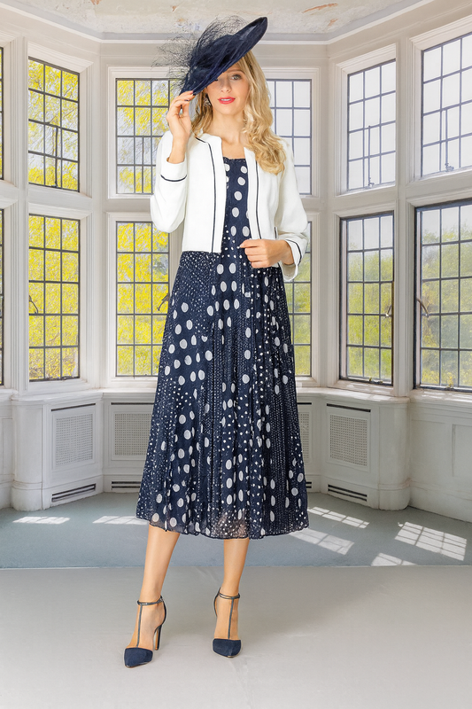 Glitz Navy Polka Dot Pleated Midi Dress & White Round Neck Jacket 1570