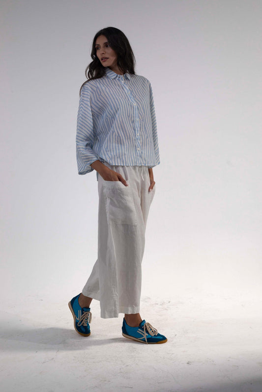 Elemente Clemente Tege Blue Wavy Stripe Cotton 3/4 Sleeve Shirt with Classic Collar 1341174