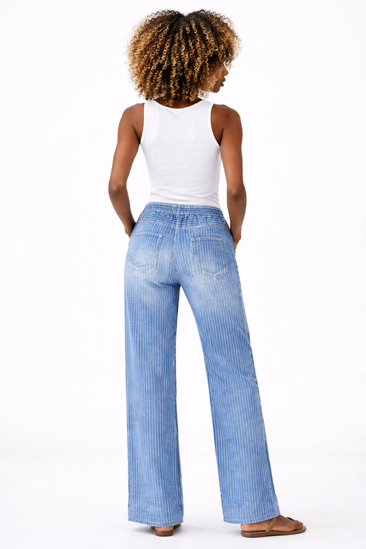 Elemente Clemente Rundu Blue & White Stripe Linen Straight Leg Trousers – 2101170