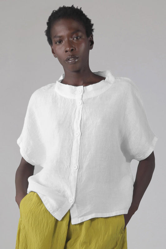 Elemente Clemente White Linen Shirt – Short Sleeve with Wide Stand-Up Collar 631055