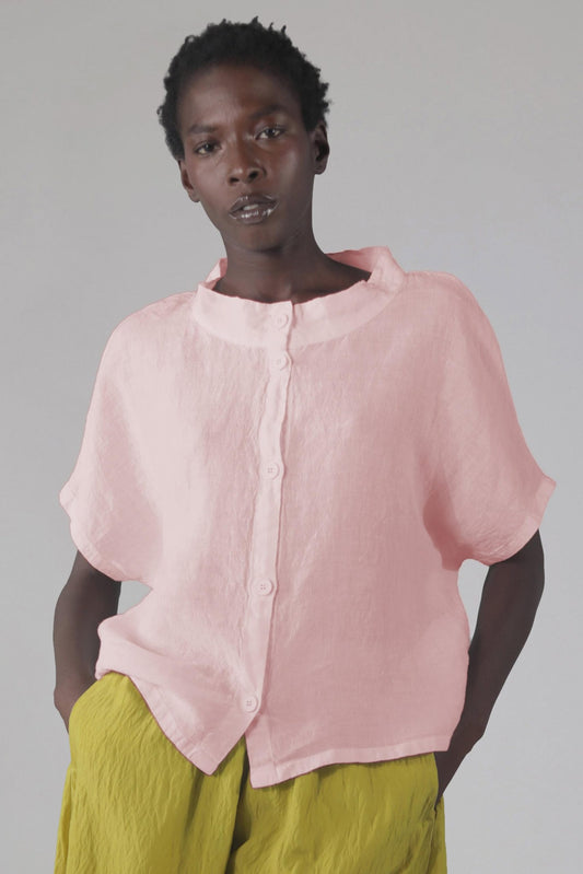 Elemente Clemente Rose Linen Shirt – Short Sleeve with Wide Stand-Up Collar 631055