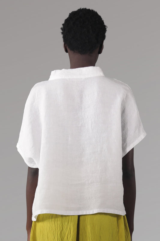 Elemente Clemente White Linen Shirt – Short Sleeve with Wide Stand-Up Collar 631055