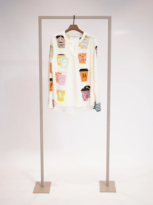 Herzens Cream Silk Blouse, Coffee Cup Print