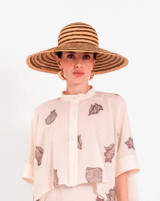 Lavi Couture Wide-Brim Straw & Raffia Hat Concentric Striped Natural & Chocolate Brown TARTAGLIA