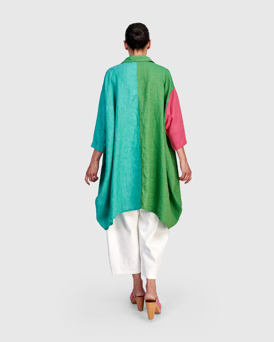 Alembika Multi‑Coloured Block Oversized Linen Tunic with Shirt Collar and 3/4 Sleeves RT356T