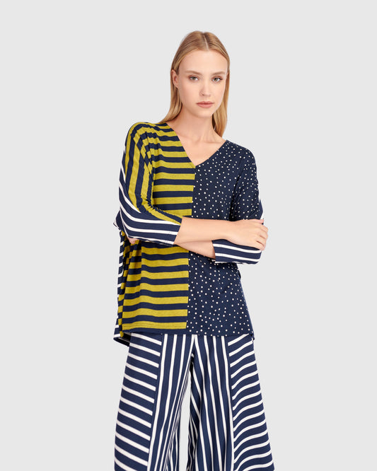 Alembika Navy/Green Mixed Stripe & Dot Print Loose Fit V‑Neck Top with 3/4 Sleeves ST827M