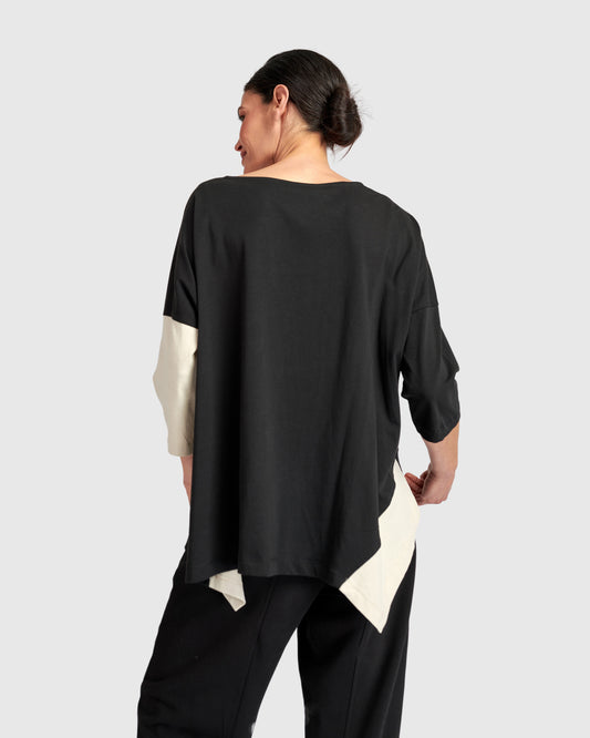 Black & Beige Colour‑Block Boat‑Neck Top with 3/4 Sleeves and Longer Back UT106M