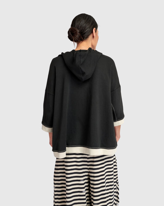 Alembika Black Loose Fit Hoodie with 3/4 Sleeves, Neon Drawstring and Front Pockets UT110E