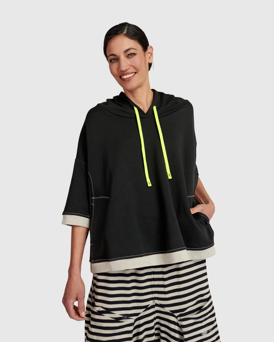 Alembika Black Loose Fit Hoodie with 3/4 Sleeves, Neon Drawstring and Front Pockets UT110E