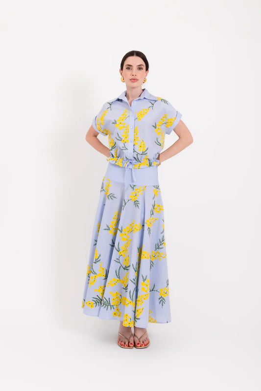 Lavi Couture Light Blue Mimosa Short-Sleeve Shirt Front Button & Adjustable Drawstring Waist TRAGARA