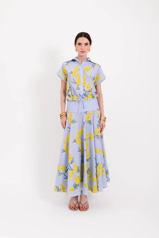 Lavi Couture Light Blue Mimosa Short-Sleeve Shirt Front Button & Adjustable Drawstring Waist TRAGARA