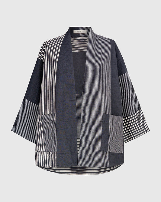 Alembika Dark Stripe Relaxed Fit Open V‑Neck Jacket with 3/4 Sleeves and Front Patch Pocket UJ113D